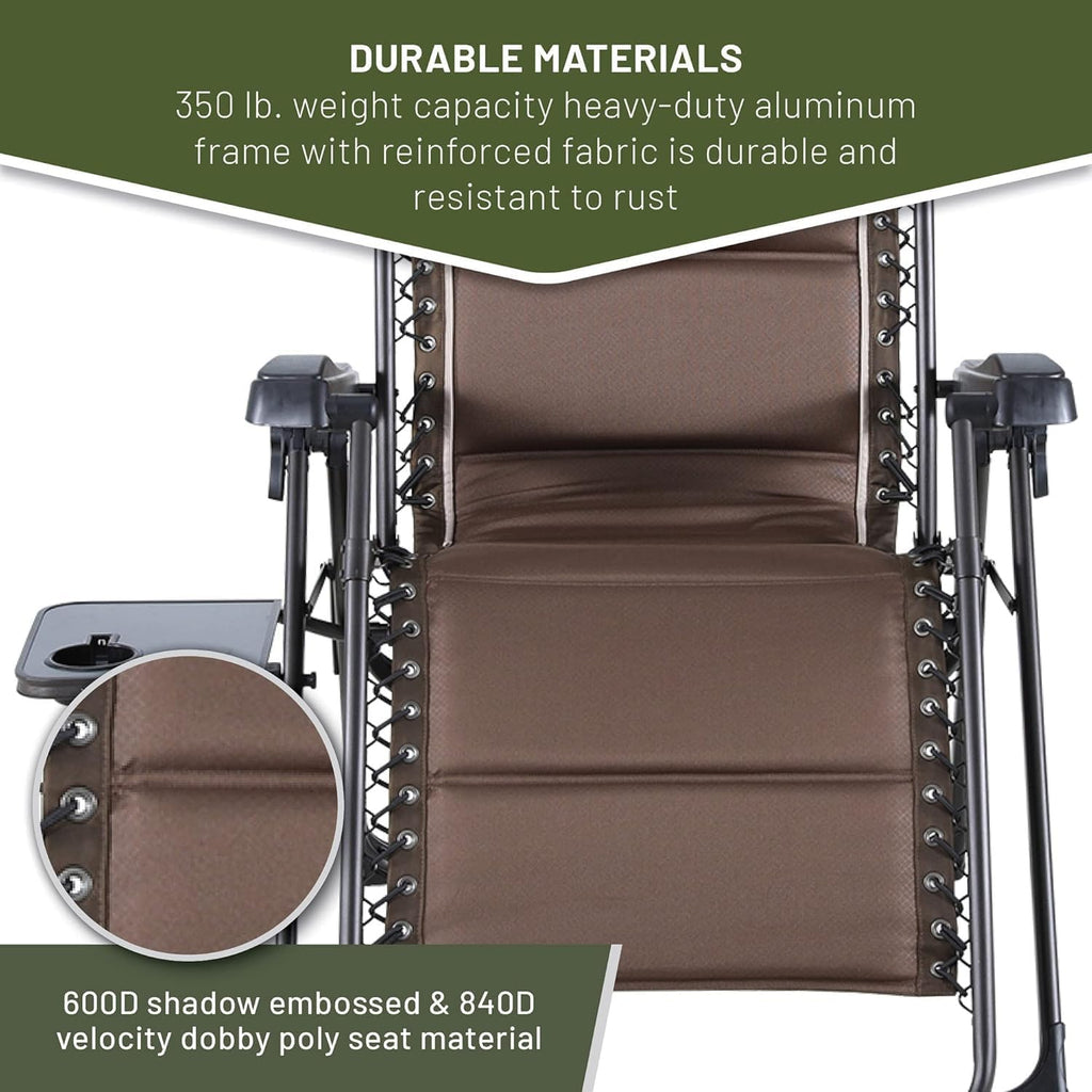 Timber Ridge Aluminum Zero Gravity Chair Set of 2, 350 lb Capacity Each | Padded Foldable Lounger with Side Table and Sliding Headrest; Reclines from 0° to 170° for Camping, Lawn, Patio or Indoor Use