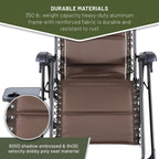 Timber Ridge Aluminum Zero Gravity Chair Set of 2, 350 lb Capacity Each | Padded Foldable Lounger with Side Table and Sliding Headrest; Reclines from 0° to 170° for Camping, Lawn, Patio or Indoor Use