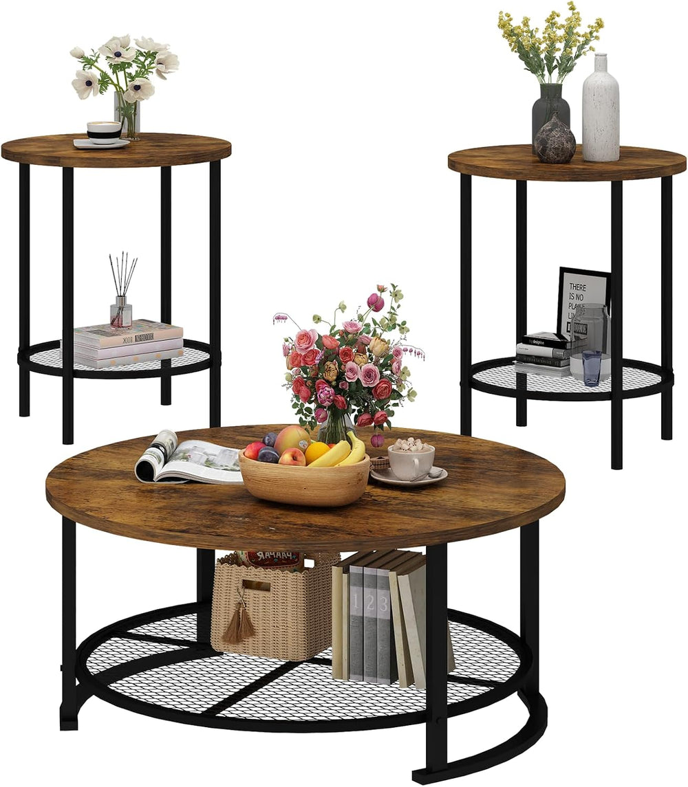 Recaceik Round Coffee Table and End Table Set of 3 with Storage, Modern Vinta...