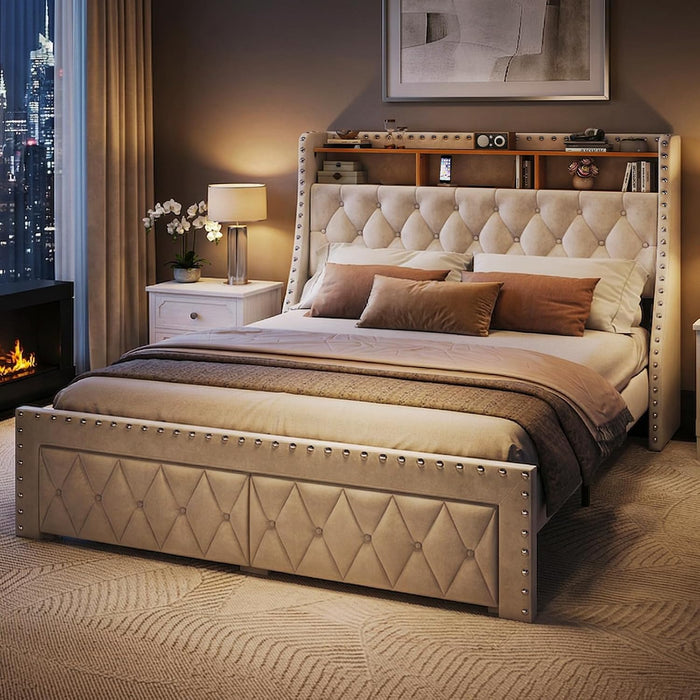 TATAGO Queen Size Bed Frame with 3-Tier Storage & Headboard Load 1000lbs