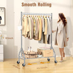 EAGMAK Heavy Duty Clothes Rack Load 420 LBS, Rolling Garment Rack with Lockable Wheels, Standing Metal Clothing Rack with Shelves, Portable Wardrobe Sturdy Coat Rack for Hanging Clothes (Silver)