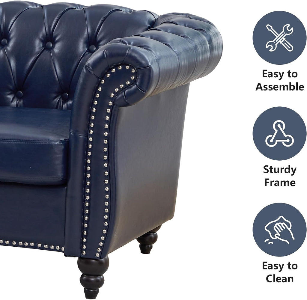 QHITTY 2 Piece Living Room Set, Chesterfield Sectional Sofa Chair Contemporary Upholstered Leather Loveseat Couch Sets for Living Room, Bedroom, Office (Blue)