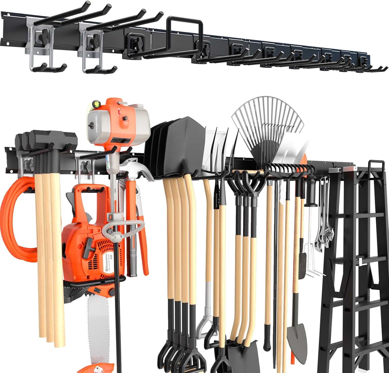64 Inches Garage Storage, Garage Organization, Wall Mount Garden Tool Organizer, Max 620lbs Adjustable Metal Hooks, Yard Shed Rack, Tool Holder for Hanging Rake Broom Mop Snowboard