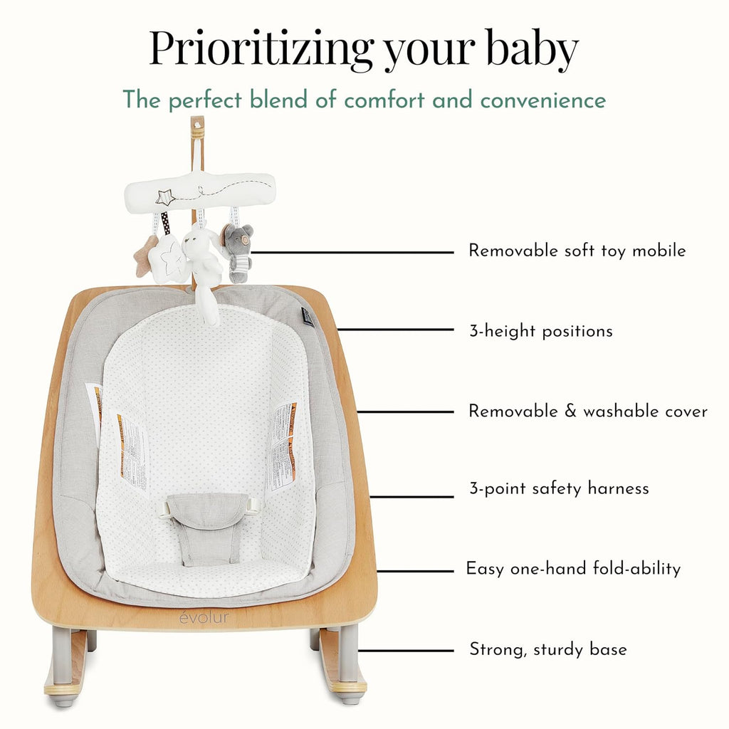 Evolur Tory 2-in-1 Baby Bouncer Rocker Chair, Portable Easy Folding Adjustable Bouncer, No Assembly, One-Hand Fold Newborn Bouncer, 3 Recline Levels, Removable Wooden Toy Bar - Light Gray