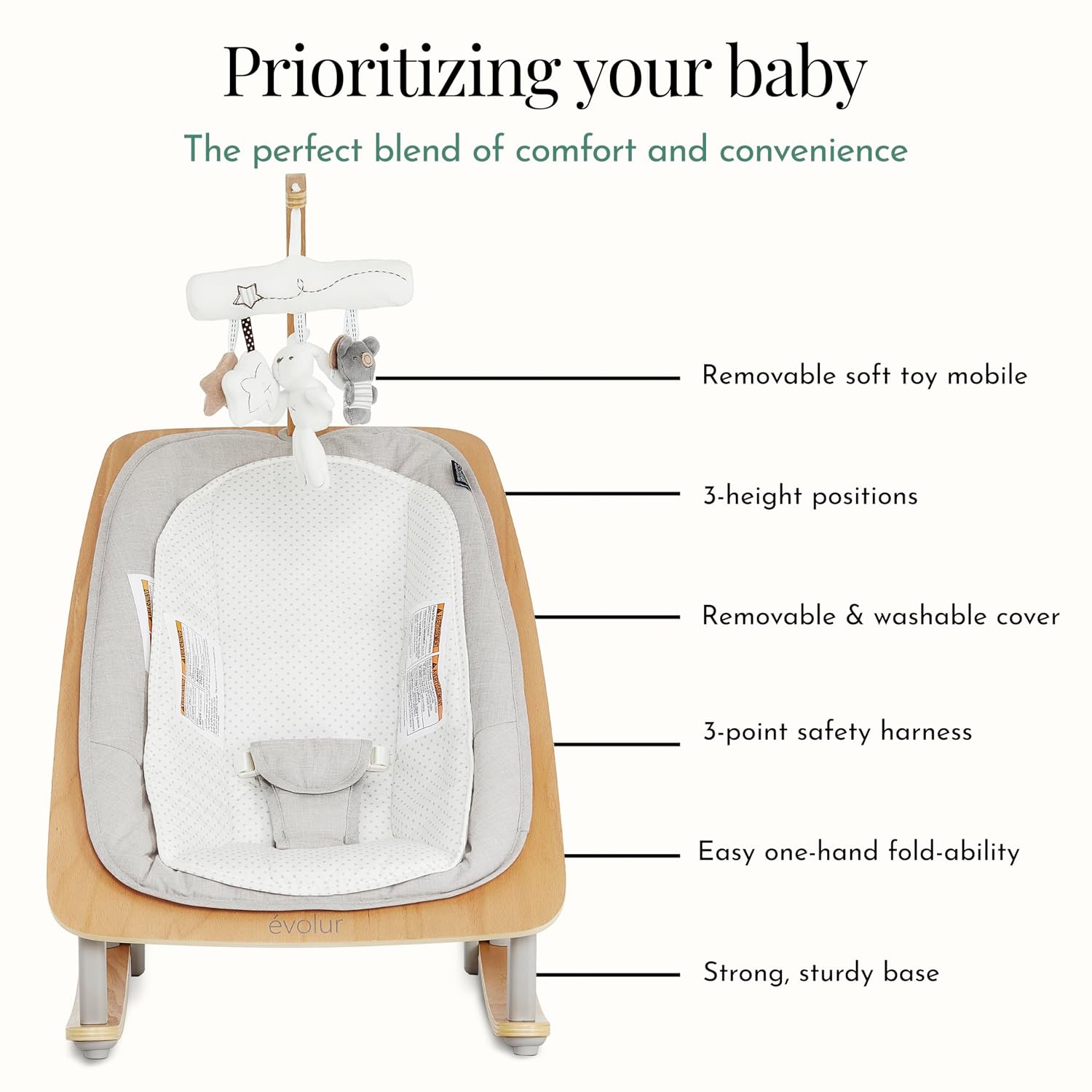 Evolur Tory 2-in-1 Baby Bouncer Rocker Chair, Portable Easy Folding Adjustable Bouncer, No Assembly, One-Hand Fold Newborn Bouncer, 3 Recline Levels, Removable Wooden Toy Bar - Light Gray