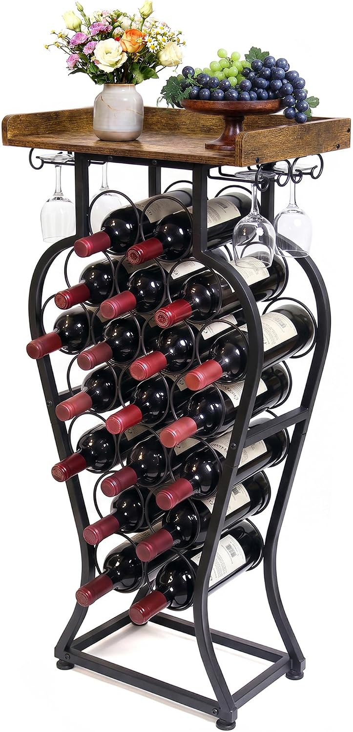 19 Bottles Freestanding Floor Wine Racks with Glass Holder | Wine Bottle Disp...