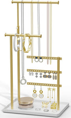 Jewelry Holder Organizer Stand - Adjustable Tall 17.5" (Max), Sturdy Jewelry Hanger for Necklaces, Earrings, Bracelets, Rings, Jewlery Display and Storage, Gold and White, Metal