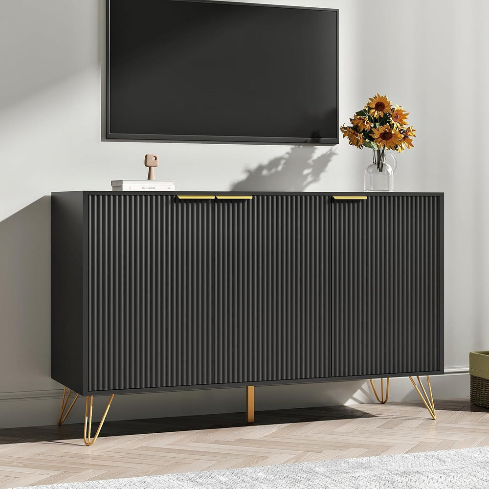 Storage Cabinet with 3 Doors, Metal Legs and Adjustable Shelf, Black丨Sideboar...