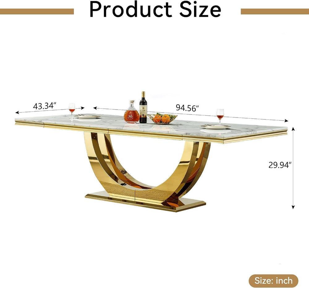 Henf 95 Inch White Faux Marble Dining Room Table for 4 6 8 10, Modern Gold Ki...