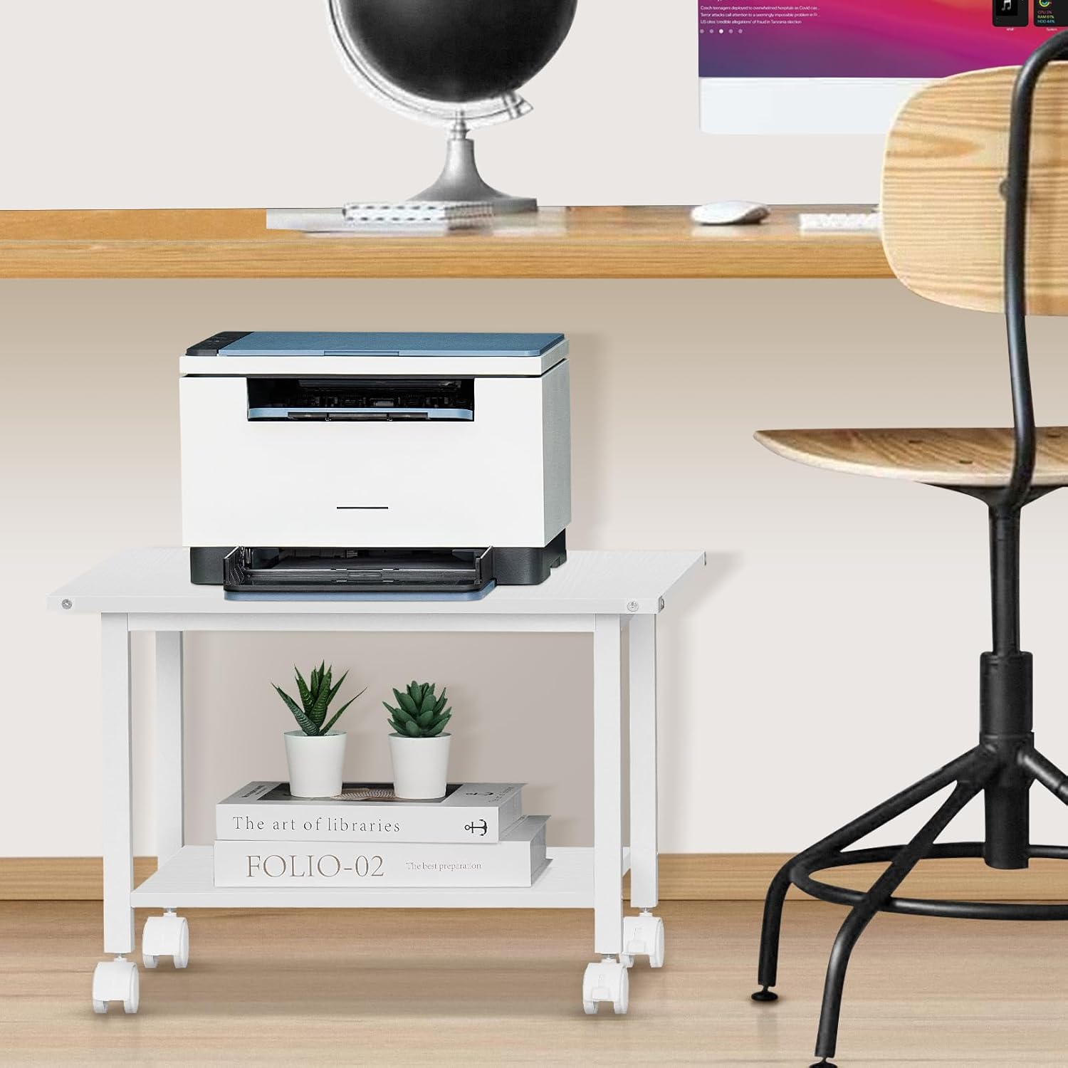Lerliuo Under Desk Printer Stand, 2-Tier Industrial Mobile Printer Table with Storage Shelf and Steel Frame, Rolling Printer Cart Holder with Lockable Wheels for Home, Office (White)