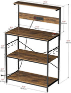 VUSIGN Kitchen Bakers Rack with Power Outlet, 31.5 Inch Coffee Bar Station with 6 S Hooks, 4 Tiers Microwave Stand with Storage, Kitchen Stand for Pots/Pans/Spices, Rustic Brown