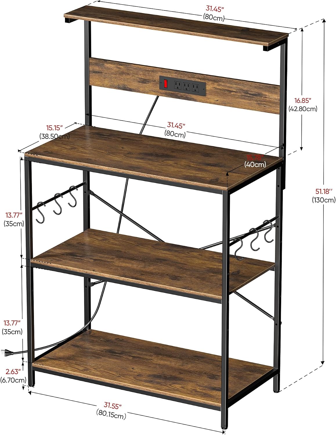 VUSIGN Kitchen Bakers Rack with Power Outlet, 31.5 Inch Coffee Bar Station with 6 S Hooks, 4 Tiers Microwave Stand with Storage, Kitchen Stand for Pots/Pans/Spices, Rustic Brown