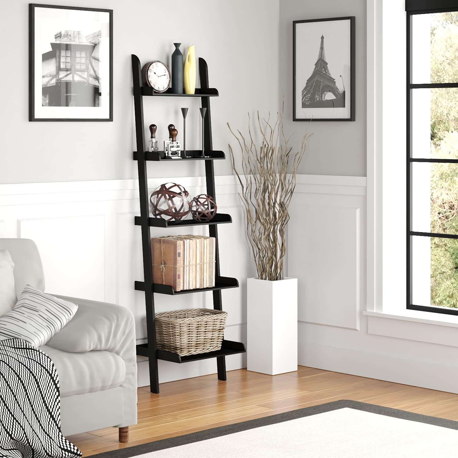 Ballucci 5-Tier Ladder Shelf, Modern 67" Tall Wood Leaning Shelf Organizer for Living Room, Bathroom, Office, Bedroom - Black