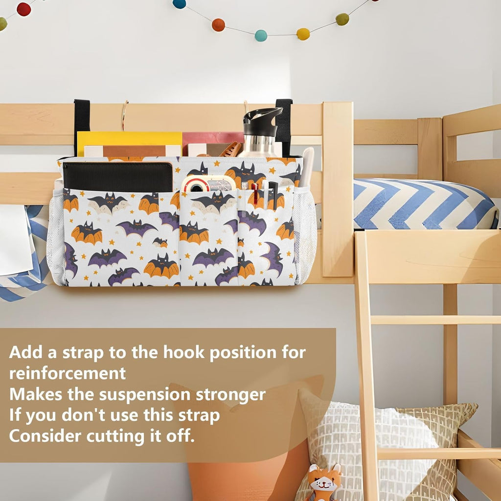 White Halloween Bats and Stars Bedside Caddy for Dorm Bed Bedside Hanging Caddy Bag Iron Frame Storage Organizer Pocket for Bunk Home College Hospital Beds 2 Hooks