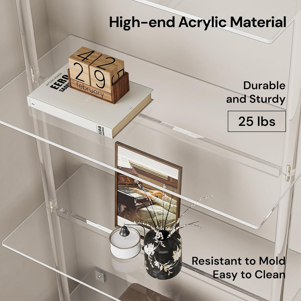 Acrylic Ladder Bookshelf, 4-Tier Clear Wall Mounted Bookshelf with Open Shelv...