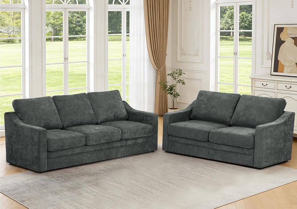 2 Pieces Chenille Sofa Set w/Soft Back Cushion, Grey | Modern 2 Seat & 3 ...