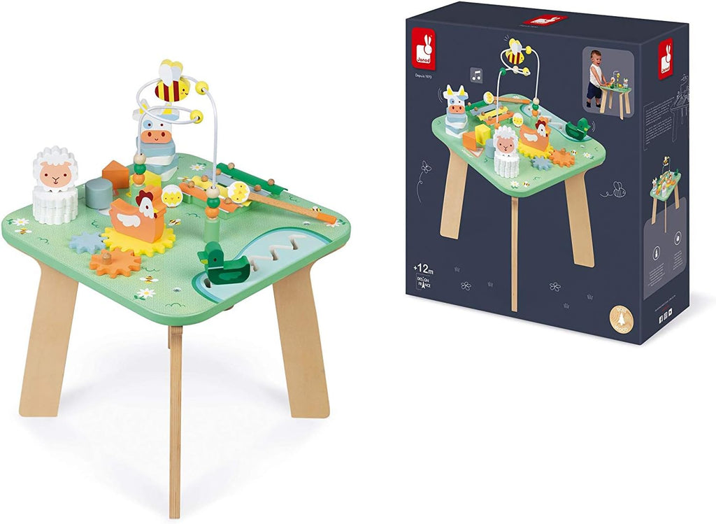Janod - Wooden Pretty Meadow Activity Table 21.1" - for Ages 12 Months+ - Engaging Farm-Themed Play - Enhances Dexterity and Coordination - Crafted with Care | Enhances Dexterity and Coordination - Educational Motor Skills Toy for Toddlers - Ages 12
