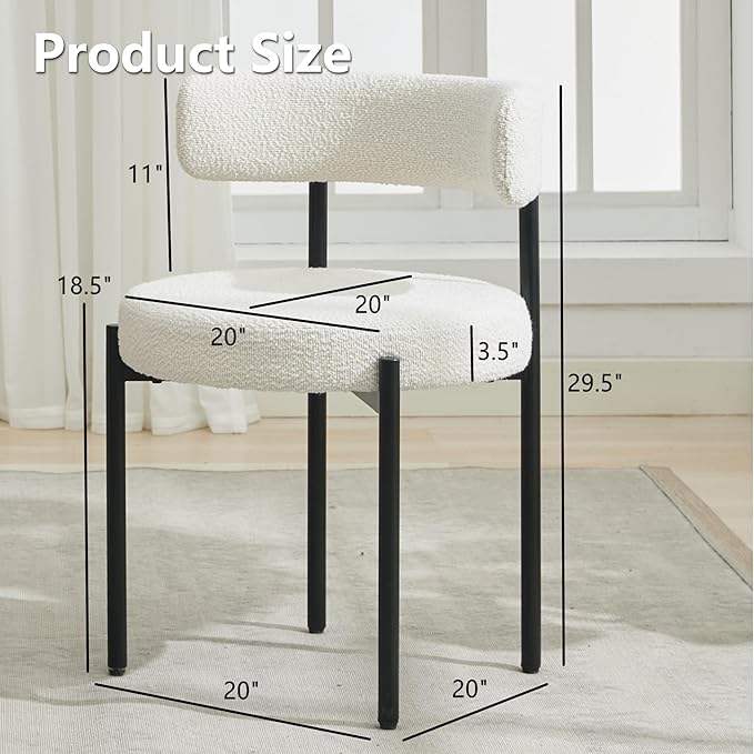 Boucle Dining Chairs Set of 2, Mid Century Modern Dining Room Chairs with Barrel Backrest, Upholstered White Kitchen Chairs for Dining Room, Restaurant