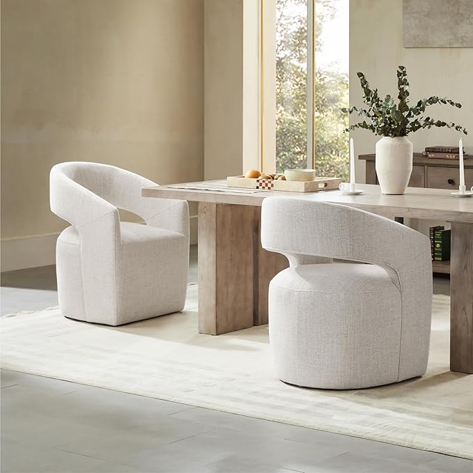 Upholstered Dining Chairs with Casters, No Assembly Modern Barrel Armchair with Rollers for Dining Room, Bedroom, Living Room, Reading Room, Home Office, Set of 4, Beige