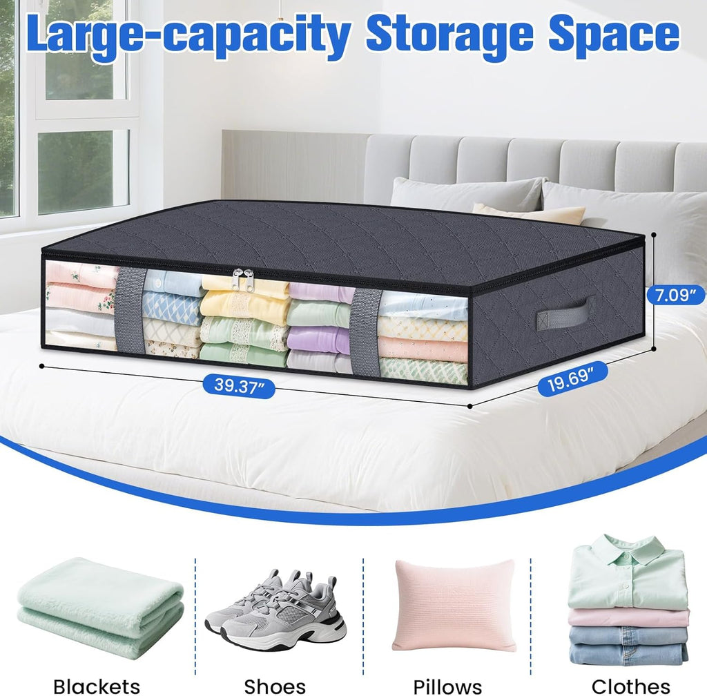 Under Bed Storage Containers, 4 Pack Blanket Storage Bags, Collapsible Storage Bags with Big Zippers, Clear Front, Shoe Storage and Organization for Clothes, Comforter, 90L, Grey