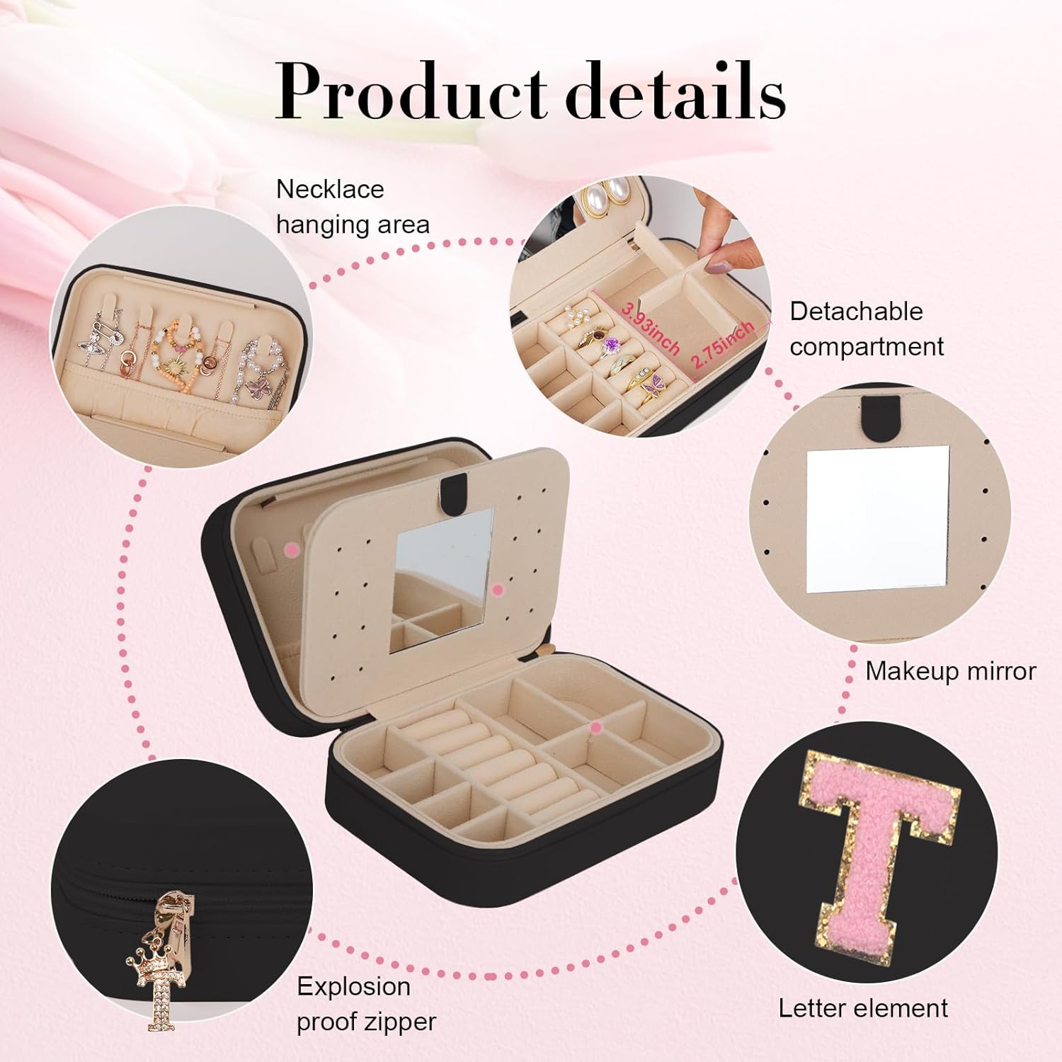 TopPerfekt Travel Jewelry Case, Jewelry Box with Mirror, Jewelry Organizer Bridal Shower Gifts to Her, Earring Storage Travel Case, Trendy Gift for Women and Girls, Girlfriend-Letter T, Black