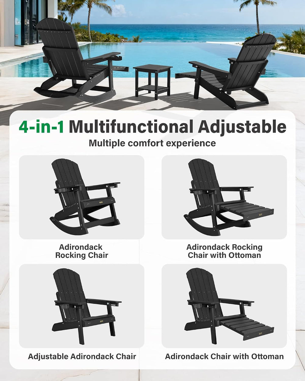 YEFU Adirondack Rocking Chairs Set of 2, with Footrest, 5-Level Adjustable