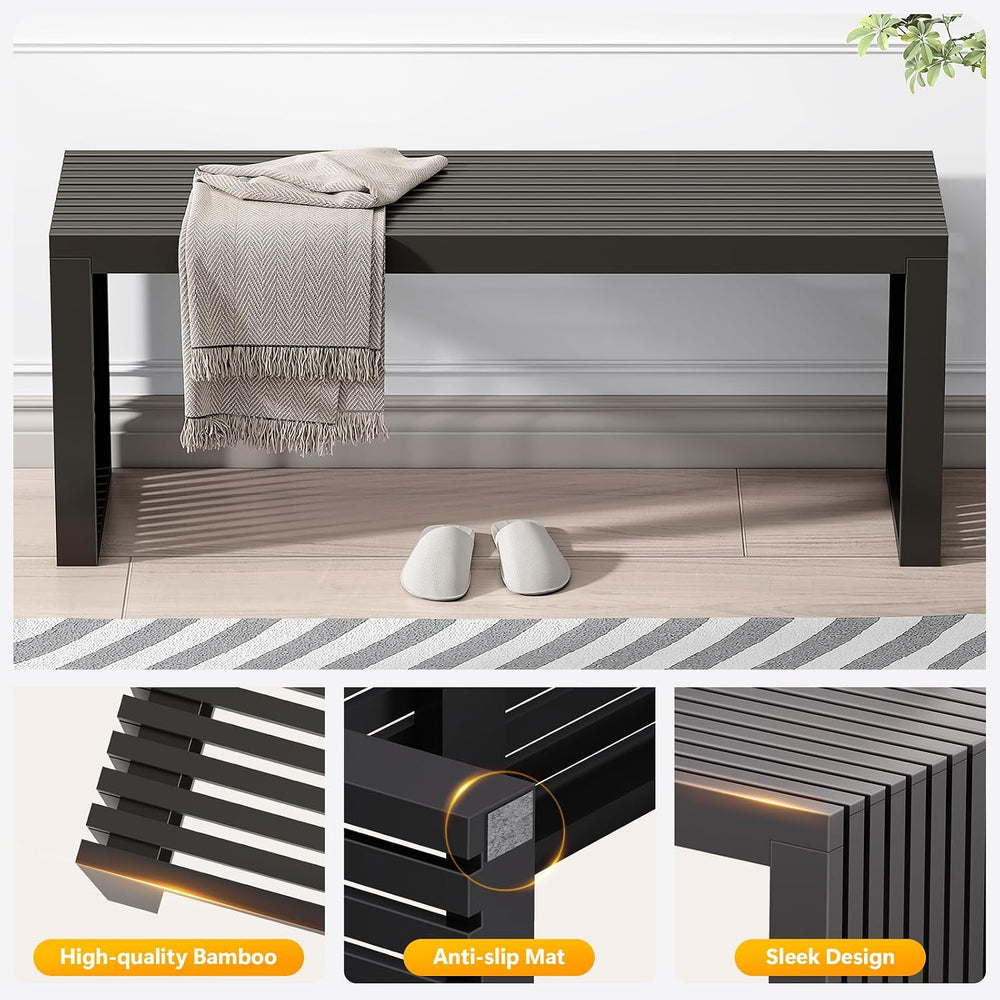 Bamboo Dining Bench, 35'' Slatted Design Entryway Bench, Black | Mode...