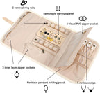 Voova Travel Jewelry Holder Organizer Case, Large Jewelry Storage Bag for Women Girls, Foldable Traveling Jewellery Pouch Roll for Necklaces Rings Earrings Bracelets, Apricot