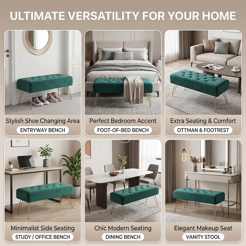 Velvet Button-Tufted Entryway Bench, 39.37" Modern Upholstered Bedroom B...