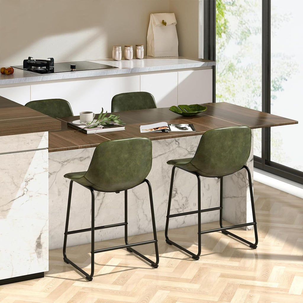 TAVR Counter Height Stools Set of 3, 24 inch Barstools Hold up to 500 lbs | Armless Faux Leather Bar Stools with Sturdy Alloy Steel Legs & Soft Backrest for Kitchen Island, Coffee Shop, Green