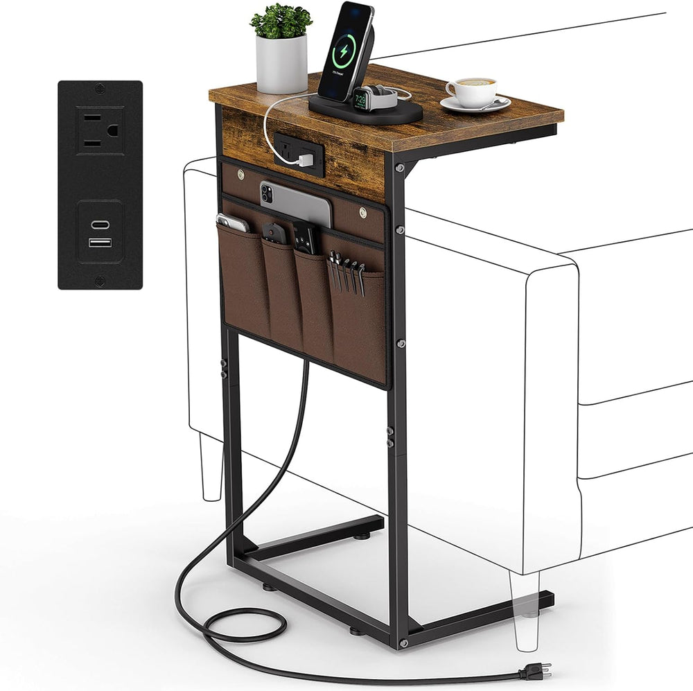 Vagusicc C Shaped End Table with Charging Station, 28" Tall Couch Side T...