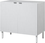 Sango Merk 2-Door Cabinet, Modern White Storage Cabinet with Vertical Groove Doors, Adjustable Shelf, Cylindrical Wood Legs, Discreet Metal Finger Pulls, Stylish Furniture for Living or Dining Room