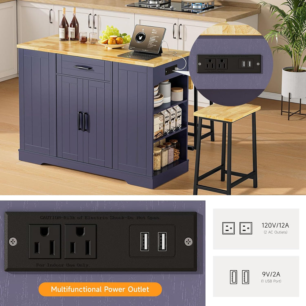 ONBRILL 47" Kitchen Island with Trash Can Storage, Include 2 Chairs, Blu...