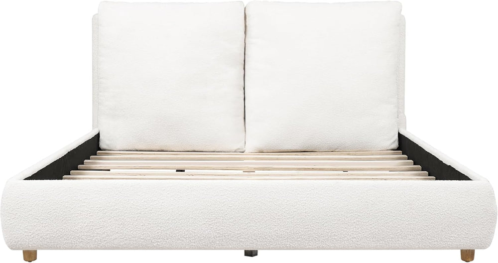 Merax Queen Boucle Upholstered Bed, 2 Removable Headboard Pillows, White
