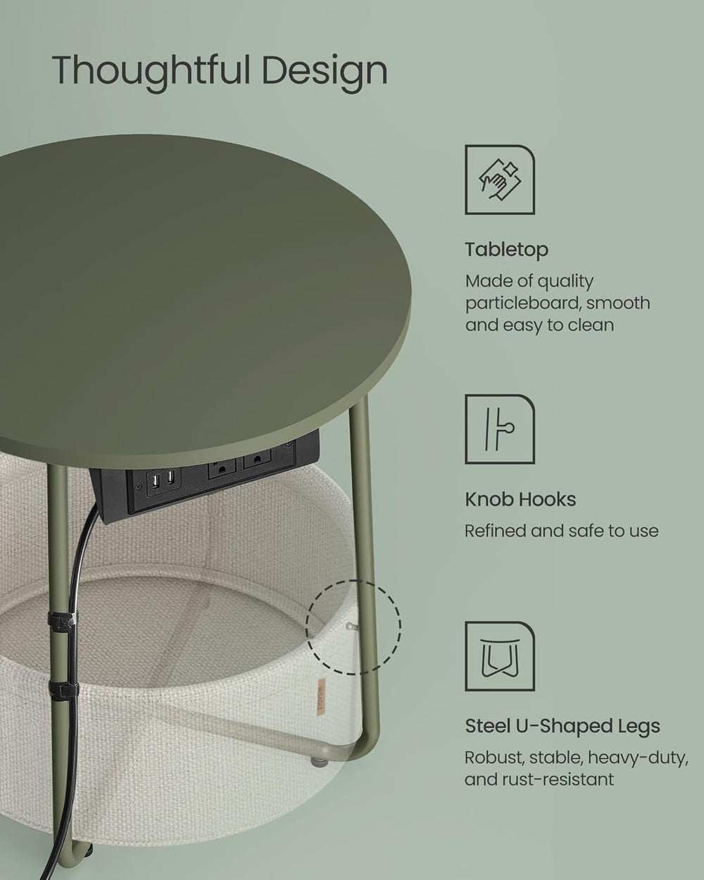 VASAGLE LILEA Collection - Side Table with Charging Station, Round End Table ...