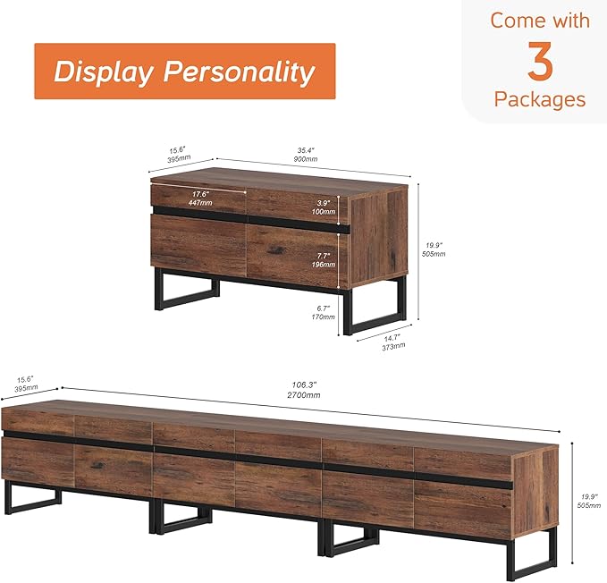 WAMPAT 3-in-1 Modern TV Stand for Up to 110 Inch TVs, Large Wood Entertainment Center Media Console with Storage Cabinets and Metal Base for Living Room, Brown