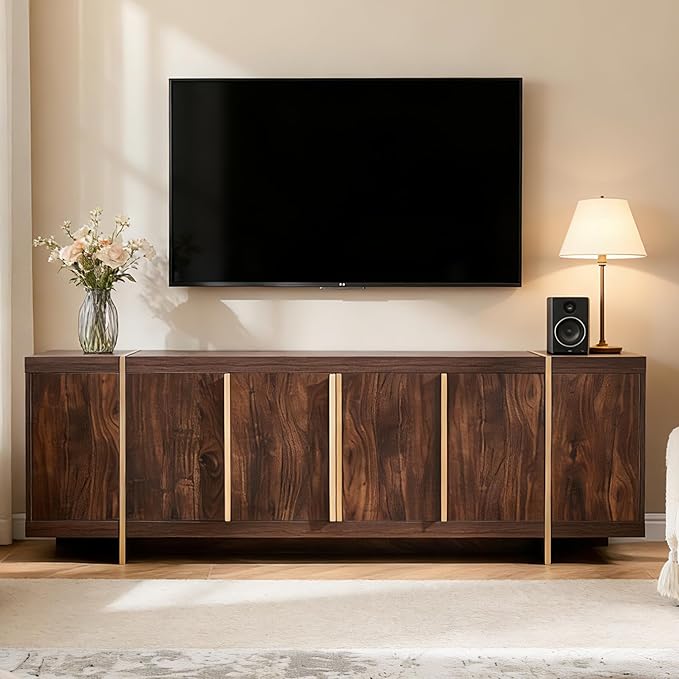OKD Modern 70" TV Stand,Entertainment Center for TVs Up to 80",TV Console with Storage,Integrated Plinth,Handle-Free Hidden Doors Design,Media Console for Living Room,Bedroom(Dark Walnut)