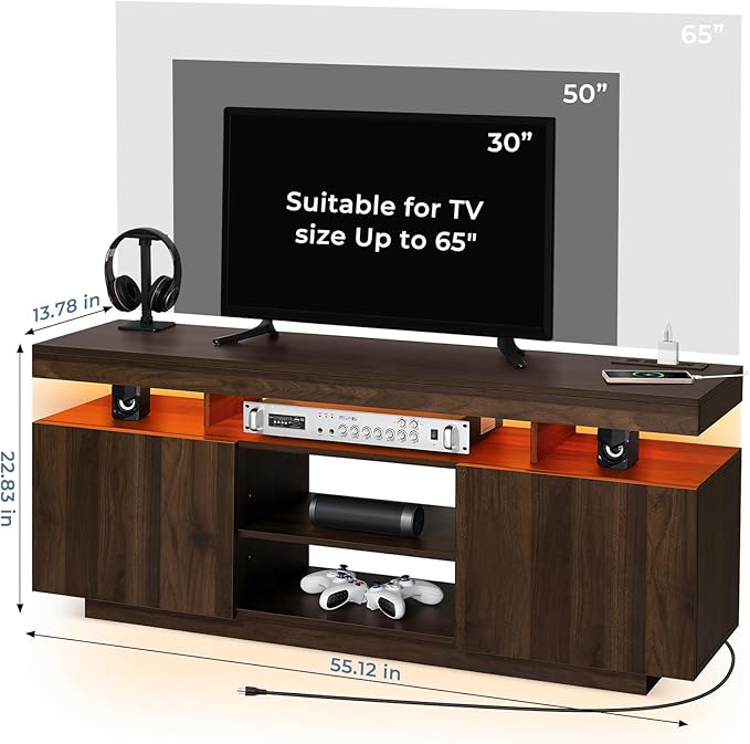 HOMMPA Modern LED TV Stand for 65/60/55 inch TV with Power Outlets, Gaming Console Storage Entertainment Center with LED Lights Game Cabinet for Living Room Walnut