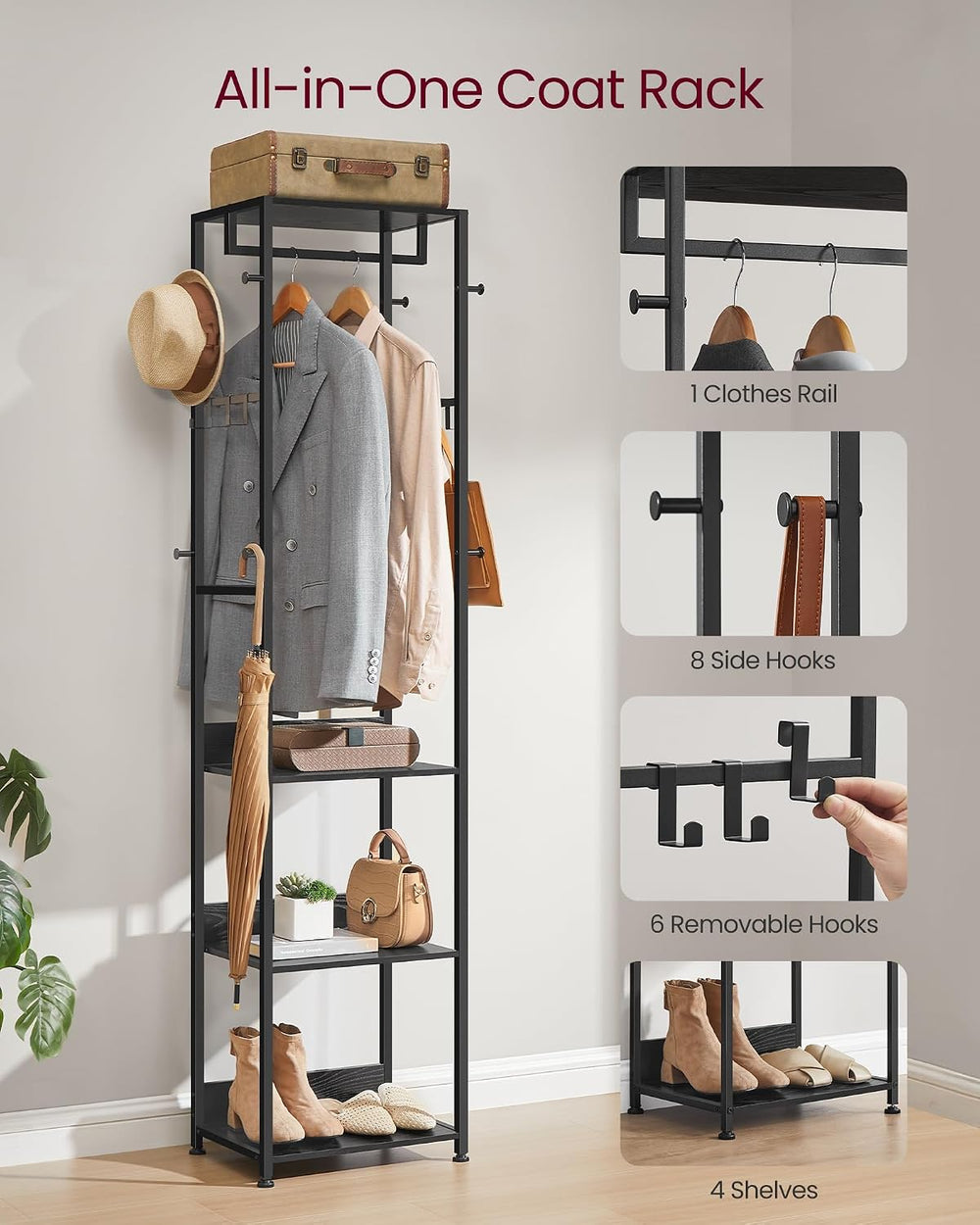 VASAGLE Freestanding Coat Rack, Hall Tree with Shelves, Steel Frame