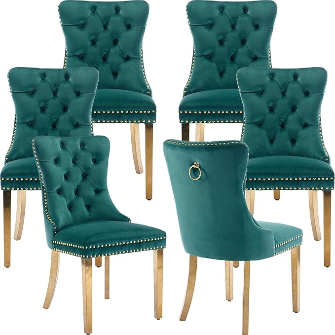 Mid Century Modern Dining Chairs Set of 6, Green Velvet Upholstered Tufted Back, Kitchen & Dining Room Chairs, Gold Metal Legs, Nailhead Trim, Sillas para Comedor (Green, 6 Pcs)