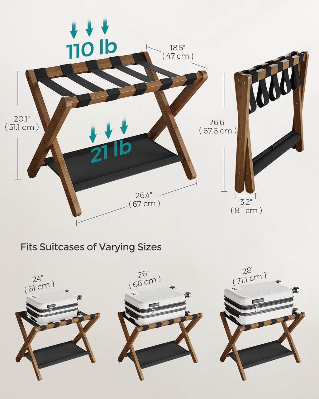 SONGMICS Luggage Rack, Folding Suitcase Stand with Storage Shelf, for Guest Room, Hotel, Bedroom, Heavy-Duty, Holds up to 131 lb, Walnut Brown URLR007D01