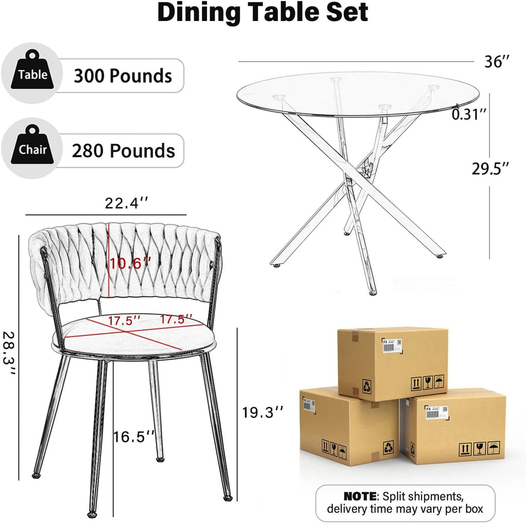 Round Glass Dining Table Set for 4, 36'' Small Circle Glass Kitchen Table with 4 Luxury Pink Gold Velvet Dining Chairs, 5-Piece Dining Room Table Set for Small Place(Gold Base)