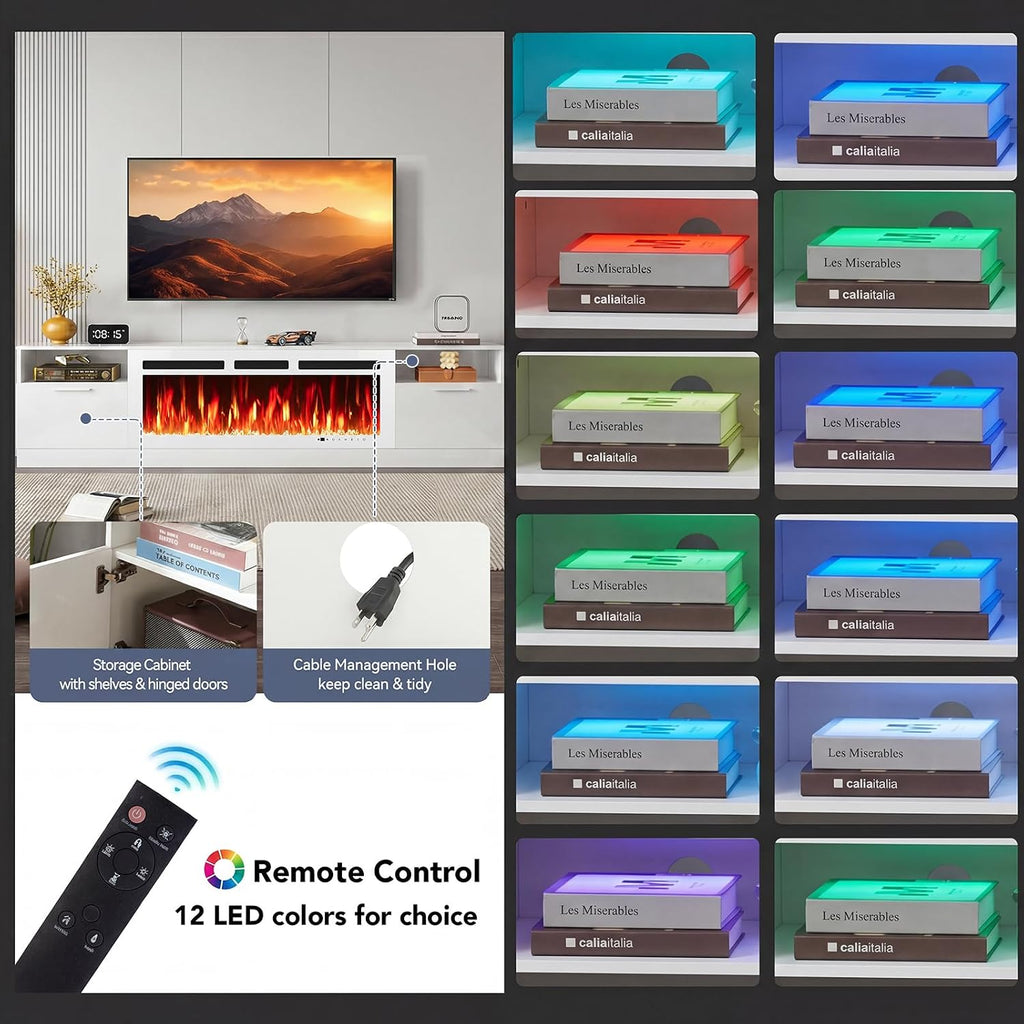 90” TV Stand with 50” WI-FI Electric Fireplace, Large Modern Media Entertainment Center with Storage Cabinet and 12 Colors LED Lights for TVs Up to 100",All White