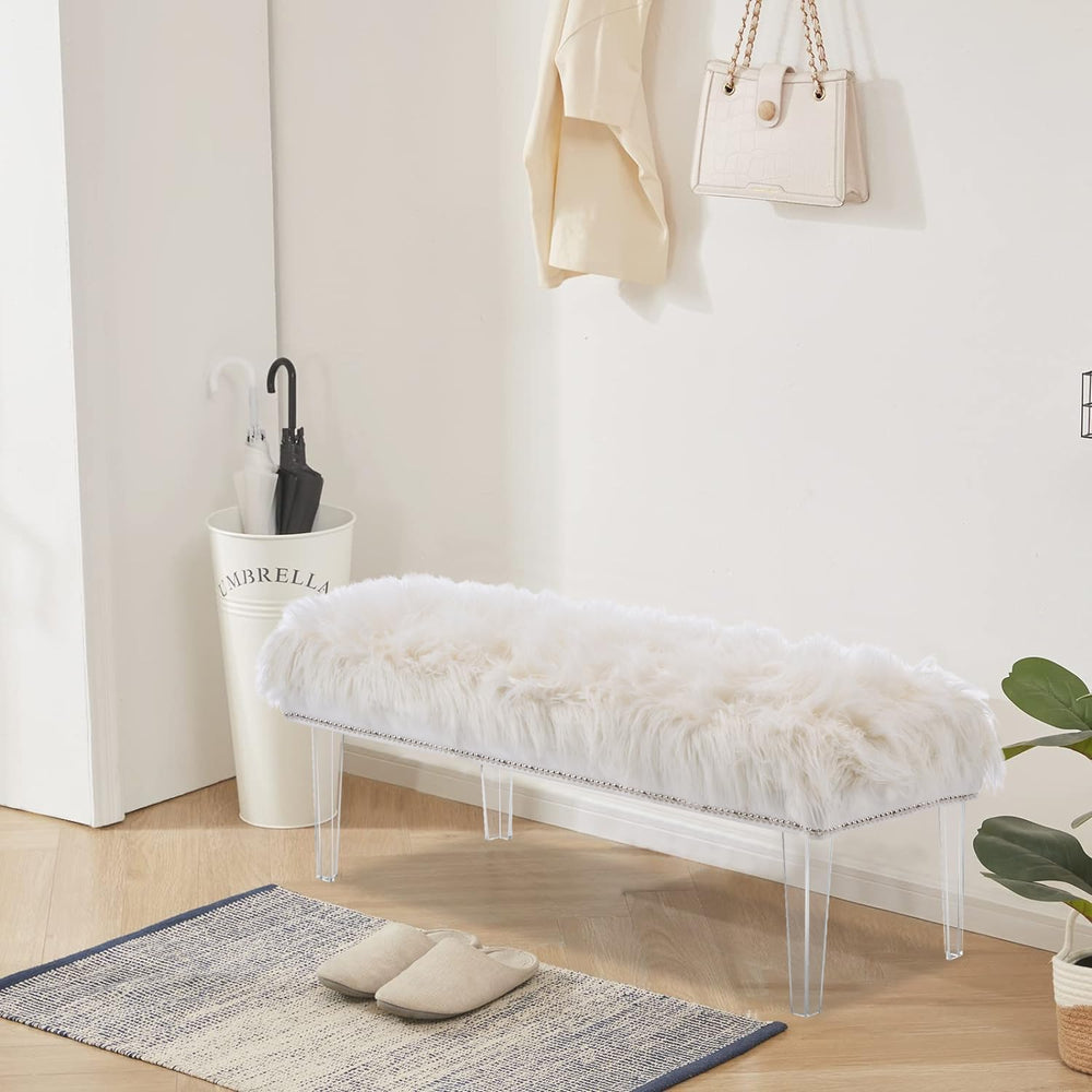 Modern White Faux Fur Ottoman Bench - Upholstered Furry Bench with Acrylic Le...