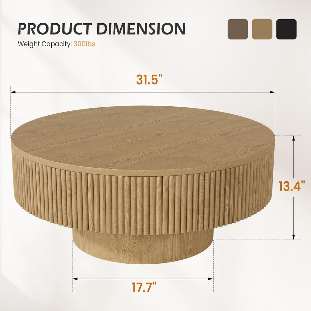 YOUDENOVA 31.5” Round Fluted Coffee Table, Modern Wood Circle Coffee Table, V...