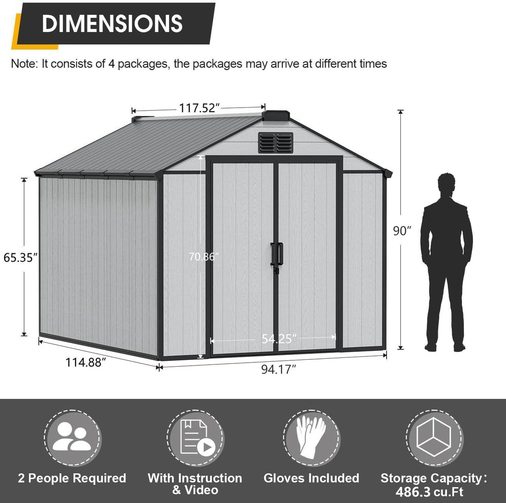 8 x 10 FT Resin Outdoor Storage Shed, All-Weather Plastic Tool Shed with Floor, Lockable Doors & Windows, Plastic Garden Shed for Poolside, Backyard, Patio, Bike