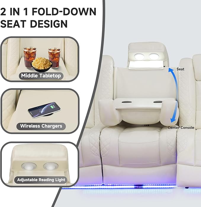 3+2+1 PU Leather Power Sectional Sofa Set, Living Room Furniture, Reclining Couch, Loveseat, Chair with LED Light/USB Ports/Storage Armrests/Center Console/Cup Holders/Wireless Chargers/Coffee Table