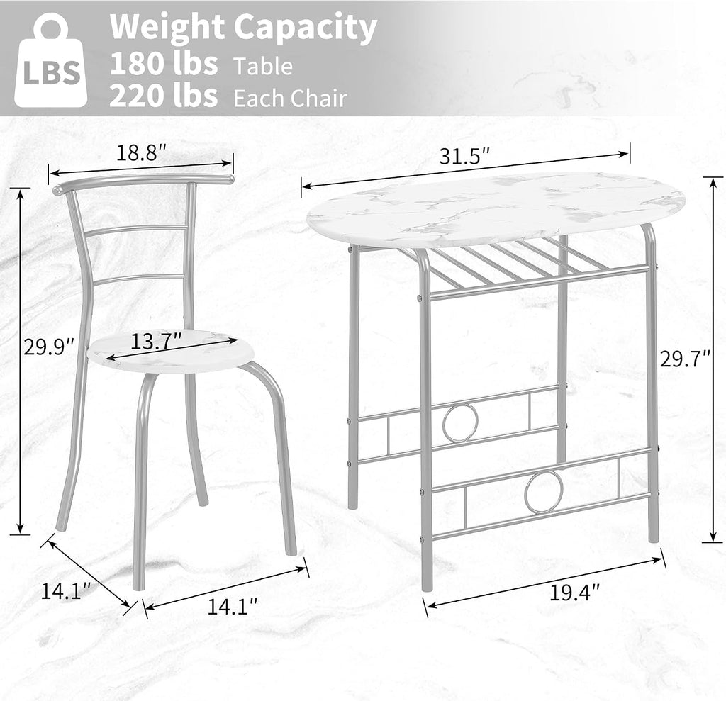 VECELO 3-Piece Dining Table Set for Kitchen Breakfast Nook, Faux Marbled Oval Tabletop and Metal Frame with Built-in Wine Rack, for Small Spaces, White & Silver