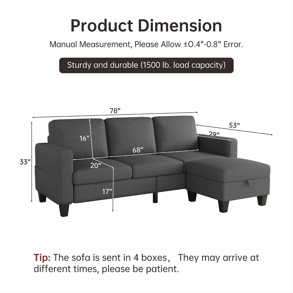 Youmumeub 78" Sectional Sofa Couches for Living Room, 3 Seat L Shaped Convertible Couch with Storage Ottoman, Comfortable Pet-Friendly Linen Sofa Set for Small Space, Apartment, Office, Dark Grey