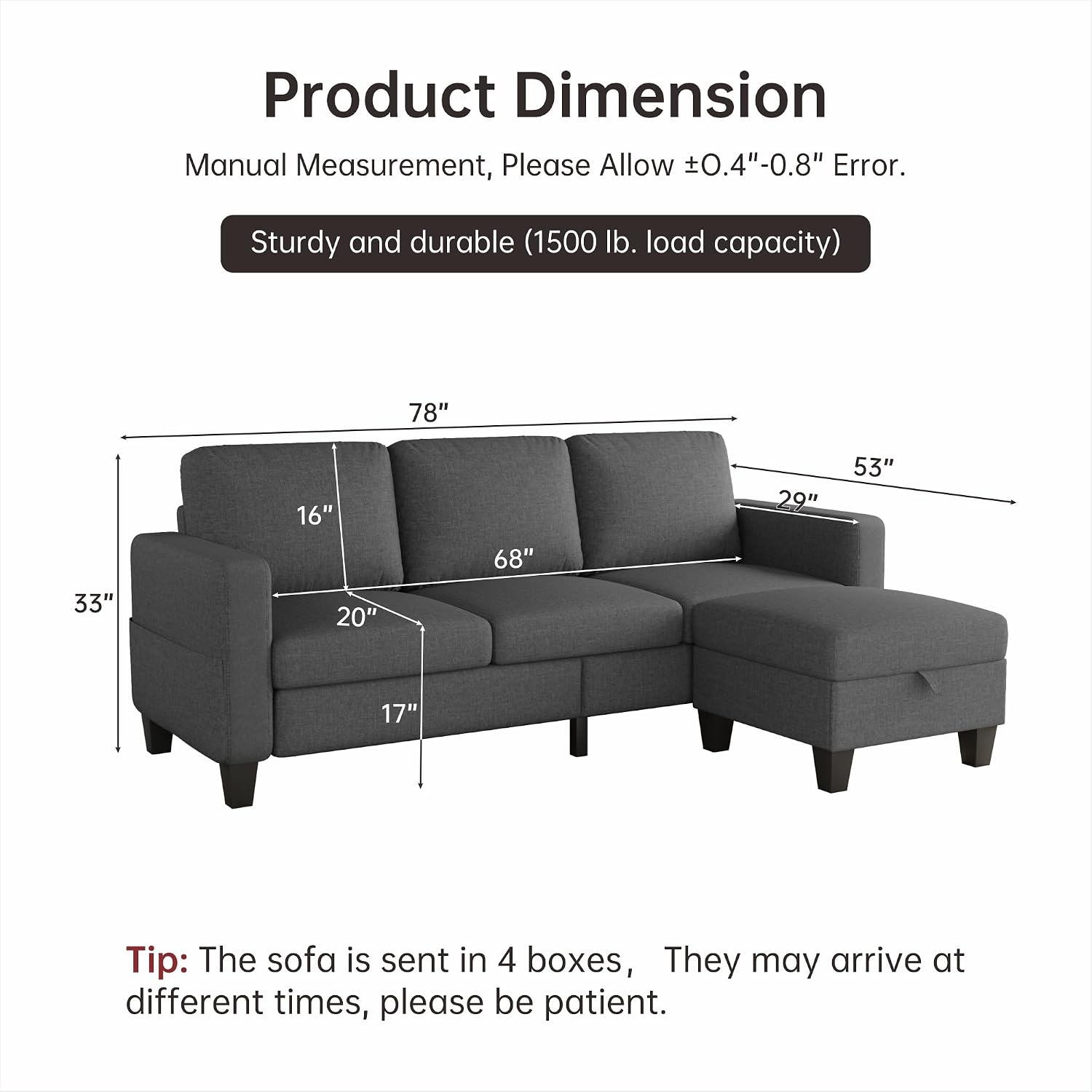 Youmumeub 78" Sectional Sofa Couches for Living Room, 3 Seat L Shaped Convertible Couch with Storage Ottoman, Comfortable Pet-Friendly Linen Sofa Set for Small Space, Apartment, Office, Dark Grey